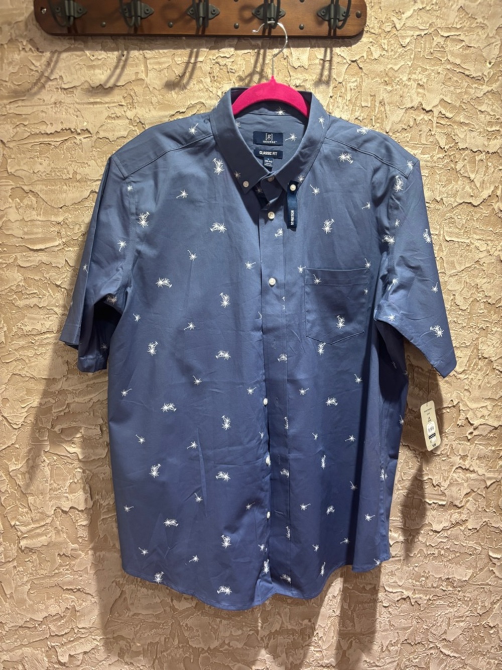 George Blue Short-Sleeve Button-Down Shirt with White Palm Print